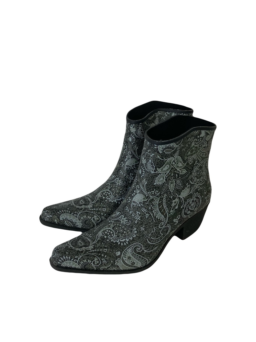 NOMAD Rain Boots Women 7 Grey Paisley Floral Heel 2” Inches Point-Toe Wrangler